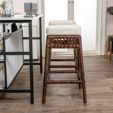 Bali Rustic Bohemian Hyacinth/Wood Backless Counter Stool - JONATHAN Y